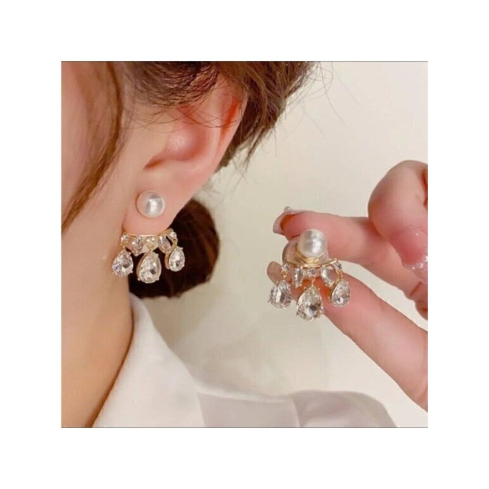 French Pearl Tier Tassel Stud Crystal Rhinestone White Gold Earrings